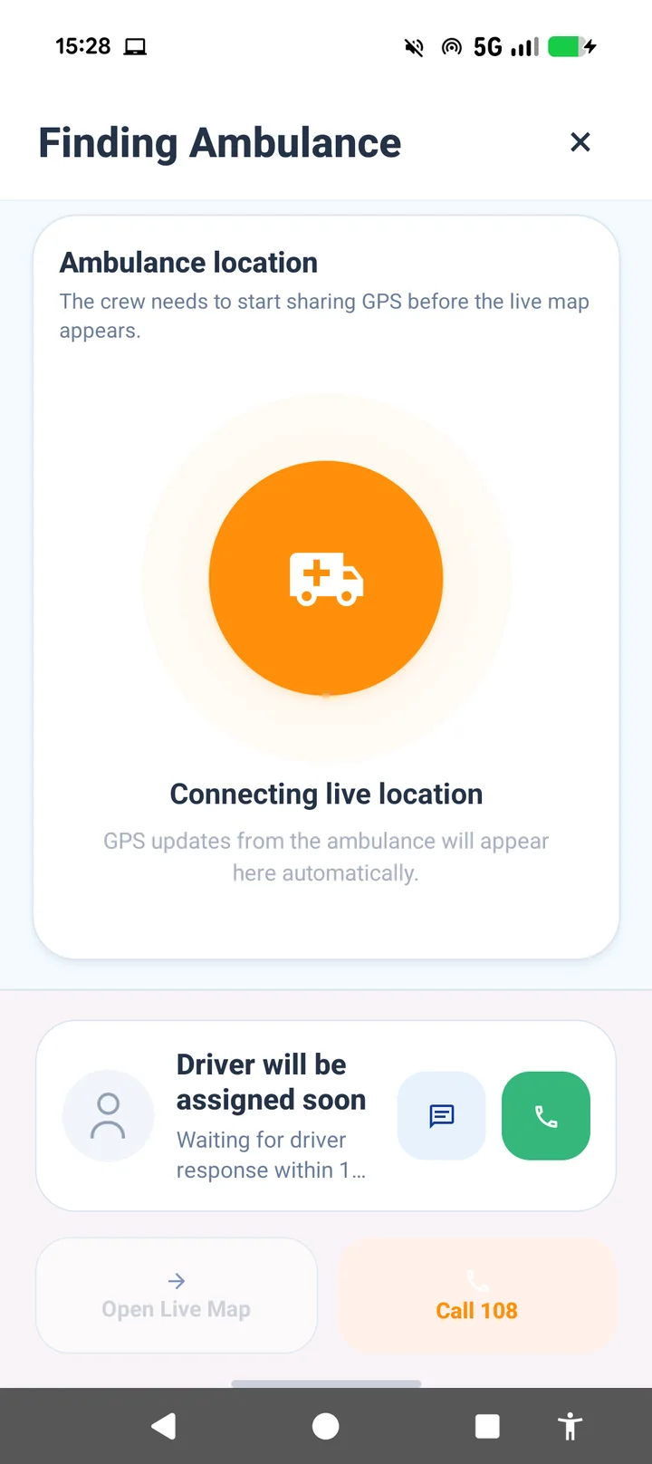 MyRaksham ambulance assistance screen showing location connection and call support