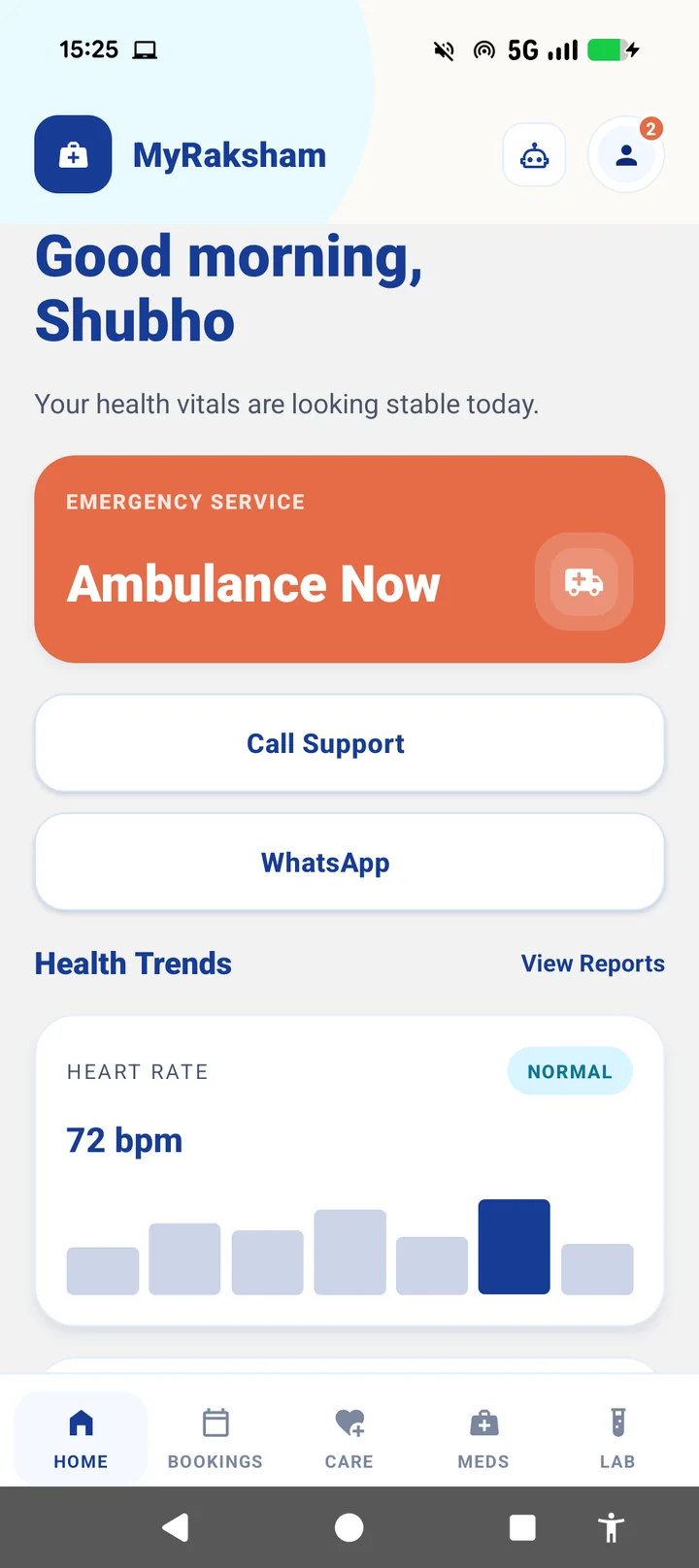 MyRaksham app home screen with ambulance, call support and WhatsApp actions