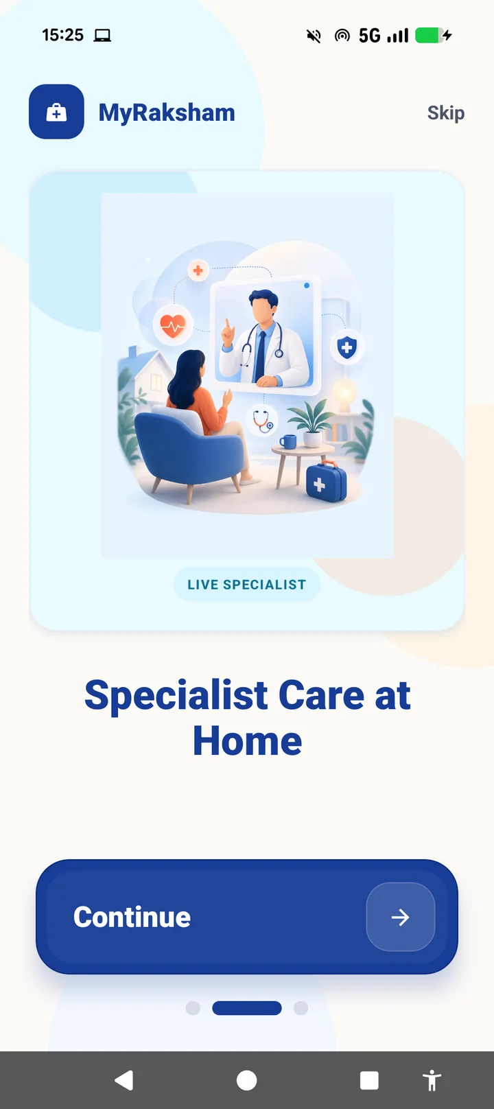 MyRaksham app screen introducing specialist care at home